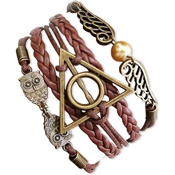 HARRY POTTER Bracelet Bronze Owls Wings Gold Pearl Deathly Hallows Charm - Picture 1 of 4